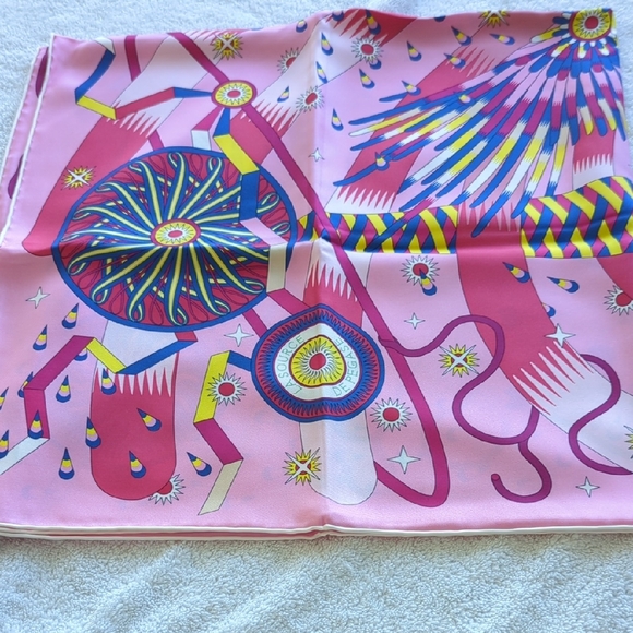 Hermes Pink and Yellow Scarf with Whimsical Patterns